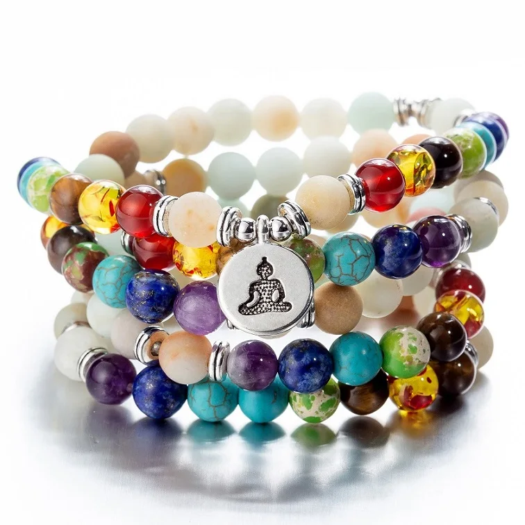Buddha Lotus Charm 7 Исцеление чакры баланс Амазонит бисером камни браслеты Дерево жизни Будда Ом многослойная пара Йога ювелирные изделия - Окраска металла: Buddha