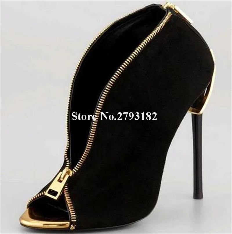 Brand Design Women Fashion Peep Toe Suede Leather Gold Zipper in Heel Short Boots Black High Ankle Booties Club Shoes | Обувь