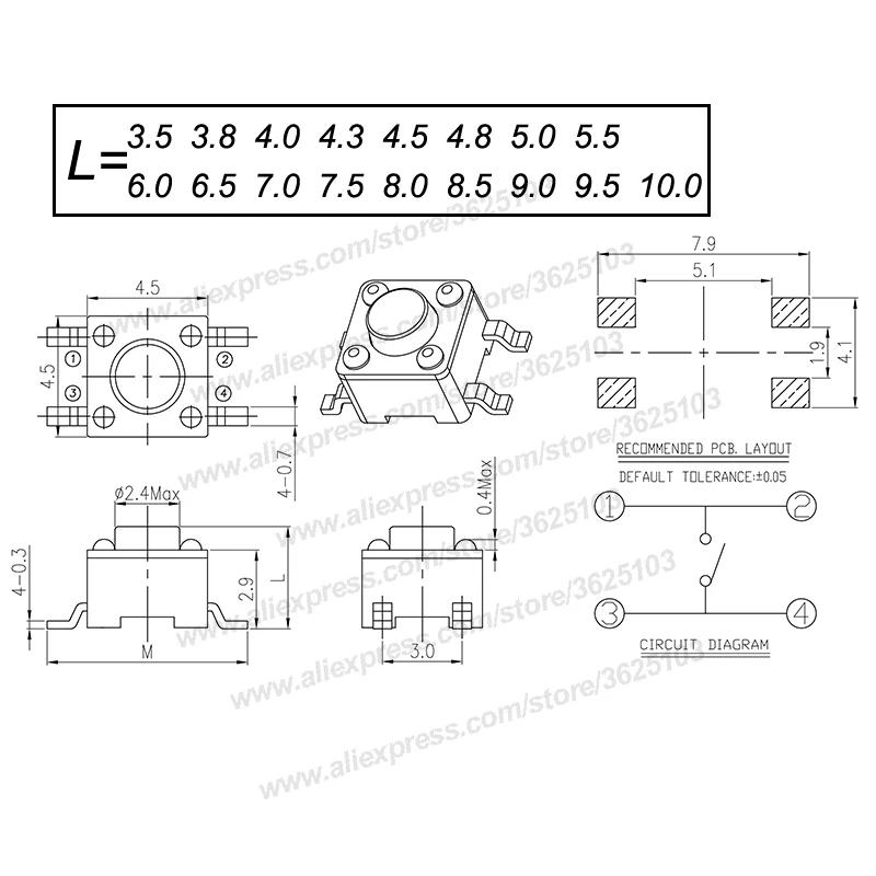 50 шт./лот SMD 4,5X4,5X3,5/3,8/4,0/4,3/4,5/4,8/5/5,5/6/6,5/7/8/10 мм Тактильные Такт кнопочный микро переключатель кнопочный переключатель