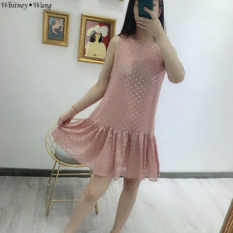 WHITNEY WANG летнее платье 2019 модное уличное Золотое мини-платье в горошек женское