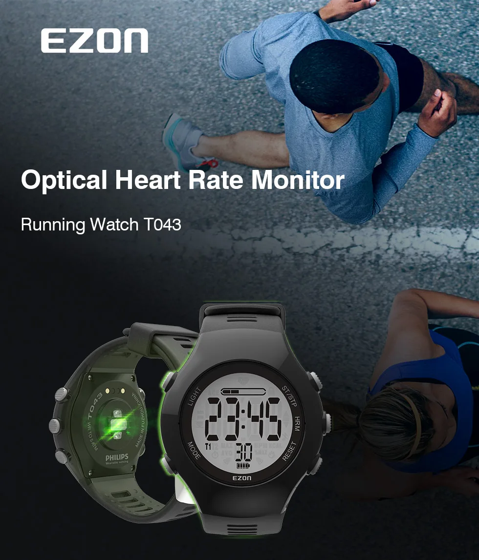 EZON T043 мужские и женские спортивные цифровые часы оптический датчик пульсометр хронограф шагомер счетчик калорий Открытый Бег
