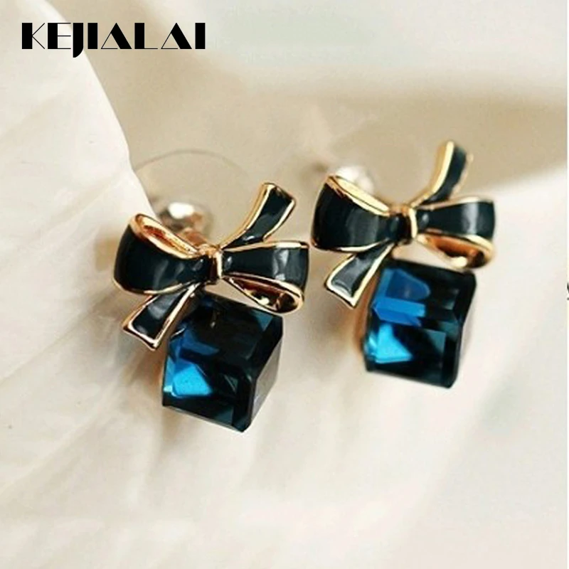 

KEJIALAI Crystal Stud Earrings Women Box Oil Cute Bow Earrings Blue Bowknot Ear Stud Fashion Jewelry Gifts for Girls LY-C1006