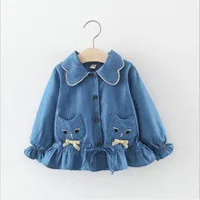 2019 spring/autumn girl denim coat new sweet cat pocket children long sleeve Top 0-3 years infant autumn double pocket jacket 2016 new autumn girl coat print denim button trench children jacket long sleeve toddler kids girl outwear for 9 10 11 13 years