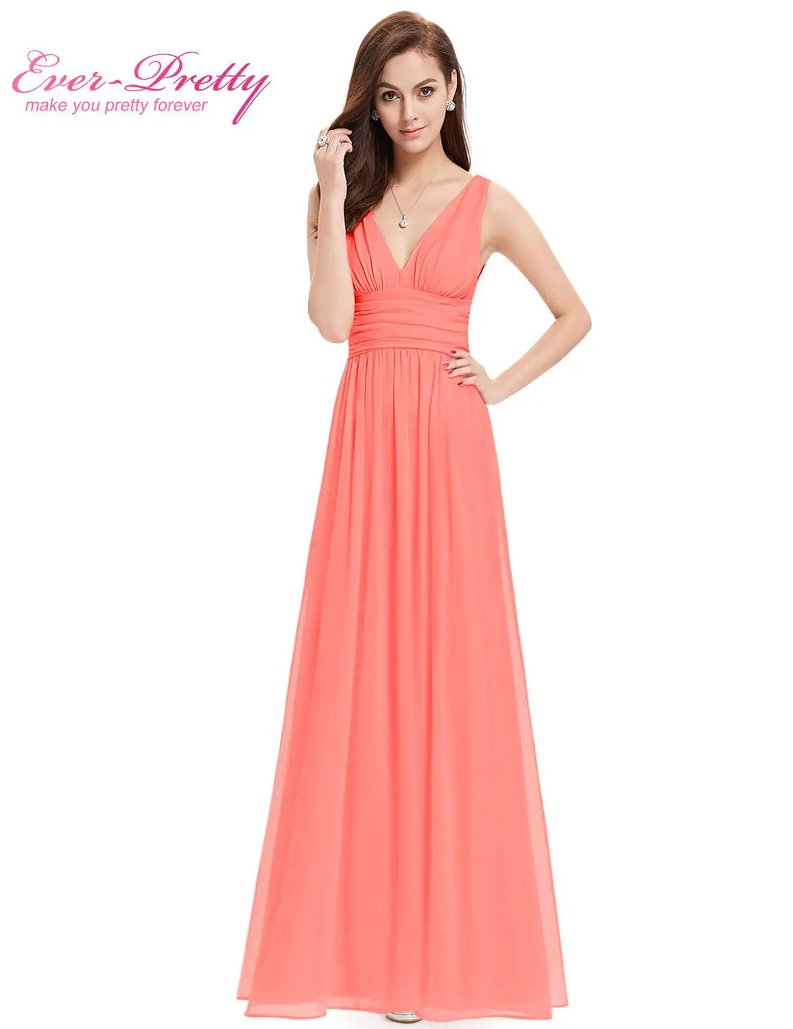 Платья для выпускного вечера Ever Pretty EP09016 шифоновые платья для особых случаев V шеи элегантное Королевское синее длинное платье для выпускного вечера - Цвет: Coral