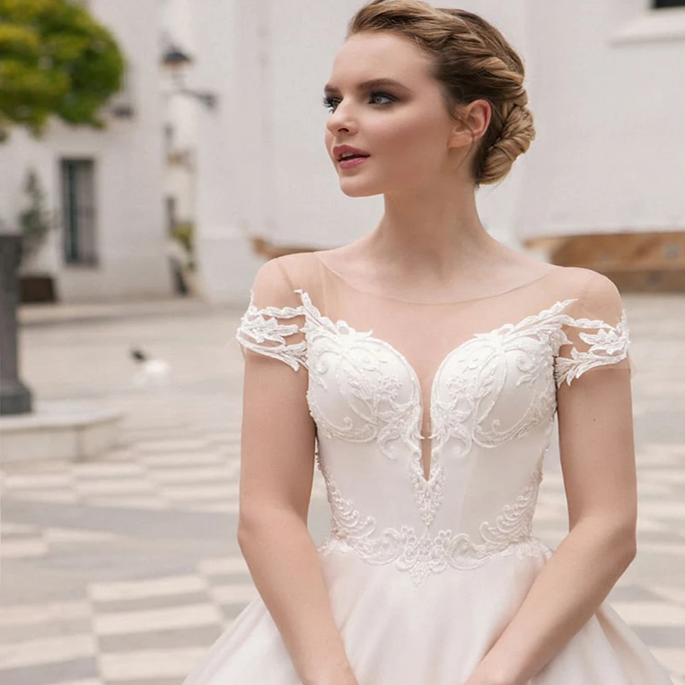 Classic Scoop Short Sleeves Satin Wedding Dresses Customized Appliqued White/Ivory Ball Gown Bridal Dress Vestidos de Novia 6