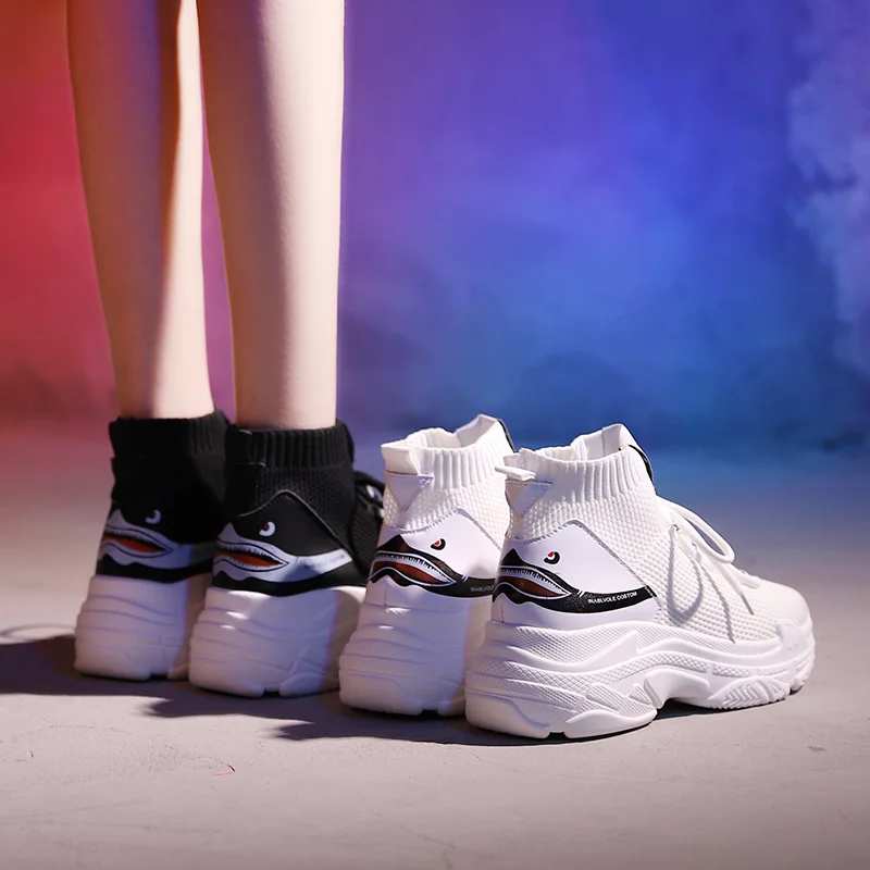 

Bomlight Women Casual Shoes Platform Dad Shoes Unisex Chunky Sneakers High Top Shark Printed Trainers Woman Espadrilles Size 44