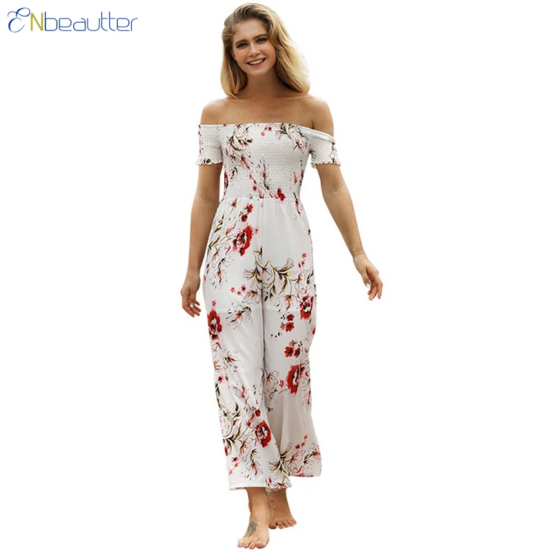 ENbeautter Off The Shoulder Floral Print Jumpsuit ...