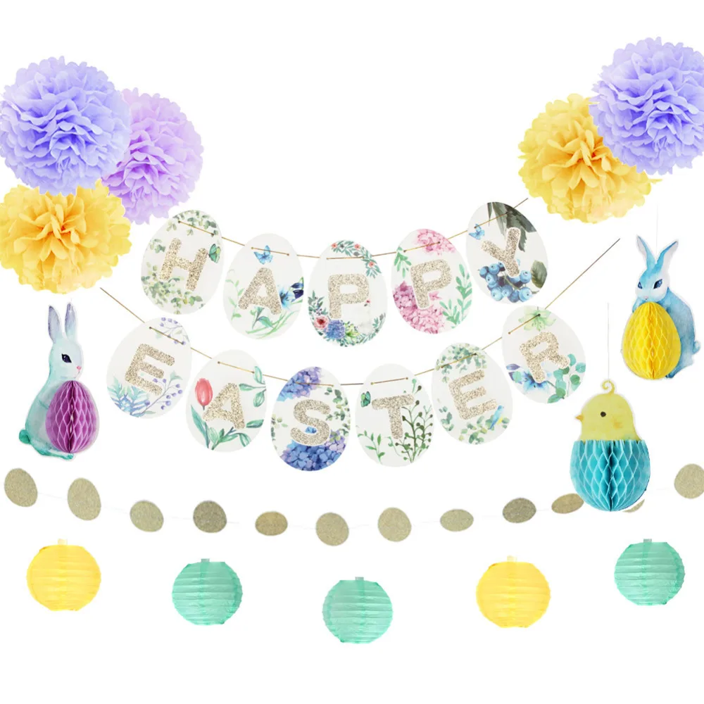 Easter Party Decoration(Eater Egg Banner Bunnies Chick Honeycomb Decorations Paper Lanterns Tissue Pom Flowers) Spring | Дом и сад