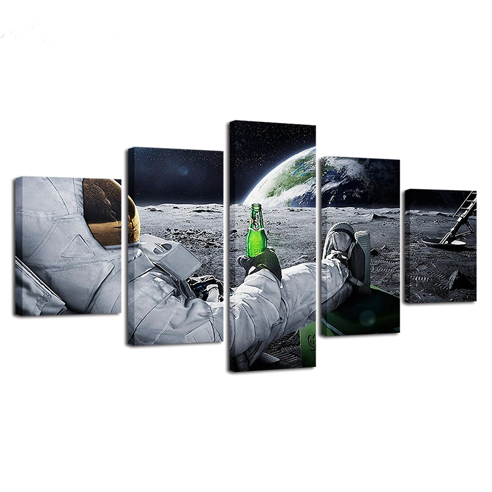 

Canvas Poster Astronaut on the Moon Earth Planet A Men Drink Beer Wall Art Print Painting For Office Home Room Wall Decor