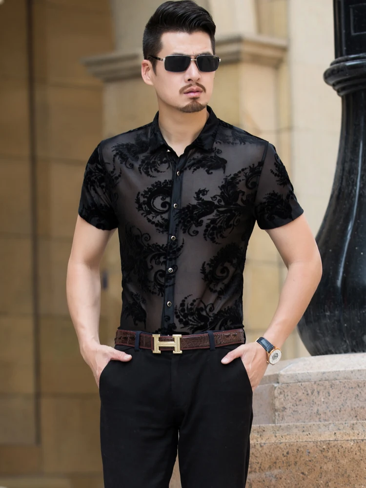 Высокое качество летние мужские велюровые рубашки легкие и тонкие личности горный хрусталь Pteris цветок моды тонкий с коротким рукавом для мужчин