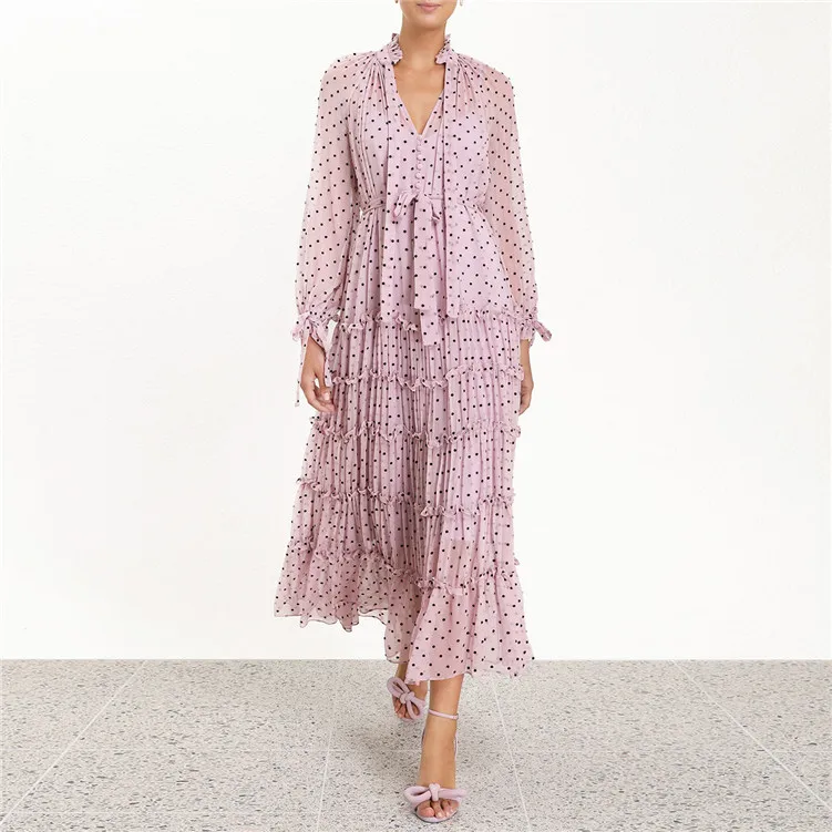 

2019 Spring and Summer Lace Wave Dot Lotus Leaf Edge Lantern Sleeve Two Piece Sling Dress Woman Puff Sleeve Patchwork Pleated