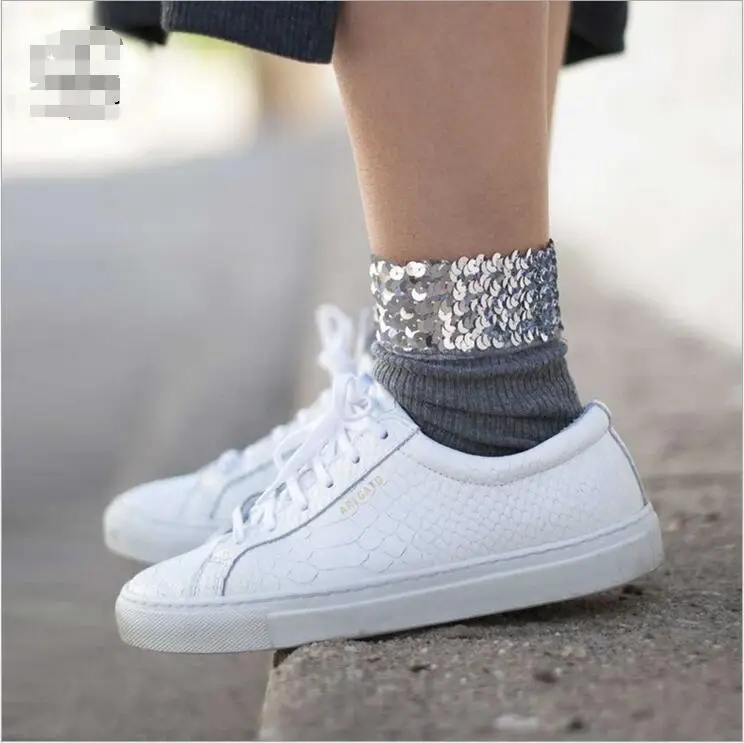

2018 Fall Winter original design new women's socks high quality handmade sequins solid color socks for women