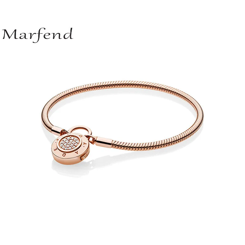 

Marfend Real 925 Sterling Silver circular-shaped lock Button Charm Bracelet For Womenl Brand Jewelry Valentine's Day Gifts