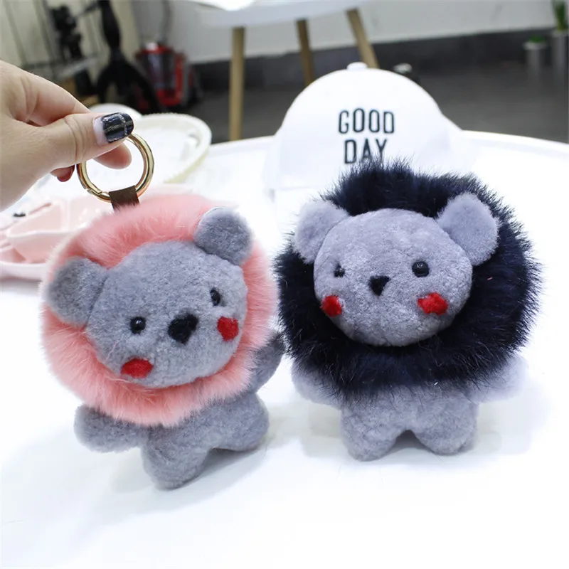 

New Cute Real Wool Fur keychain Little lion Women Bag keychain Car key Pendant Rabbit fur key chains Trinket Gift