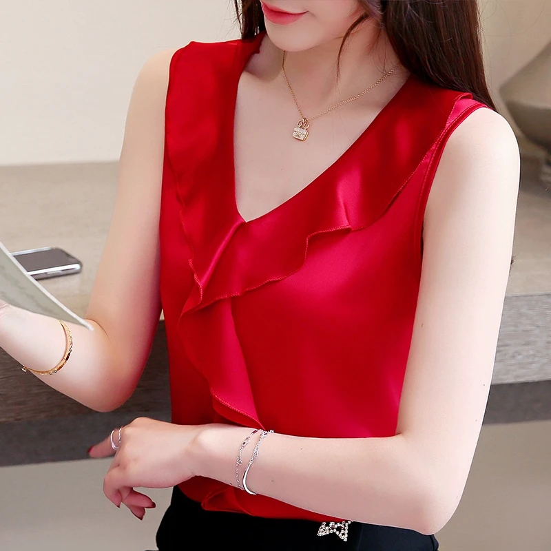 Womens Tops and Blouses Silk Women Blouses Sleeveless Women Shirts white blouse