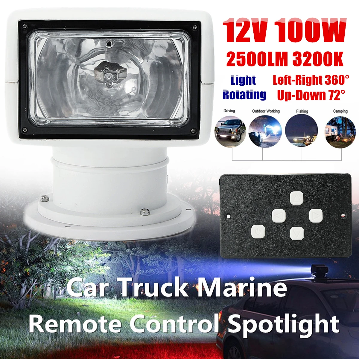 

12V 100W 2500LM Boat Truck Car Spotlight 3200K PC+Aluminum Marine Searchlight Light Bulb Remote Control Multi-angled White