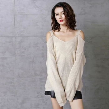 

Off The Shoulder Women Knitting Tops Fashion V Neck Solid Skinny Sweaters Fashion Ladies Long Sleeve Slim Clothes Outfit 5Zc0294
