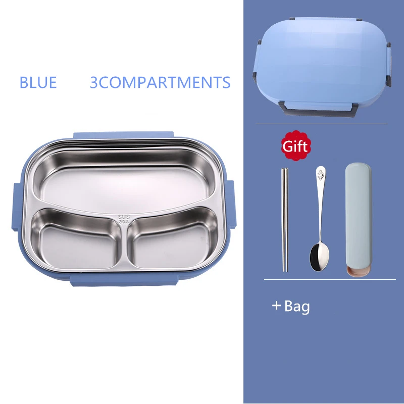 ONEUP коробка для обедов из нержавеющей стали Экологичная Bento коробка с мешками и столовыми приборами термоконтейнер для хранения продуктов для взрослых студентов - Цвет: Blue 3  bag