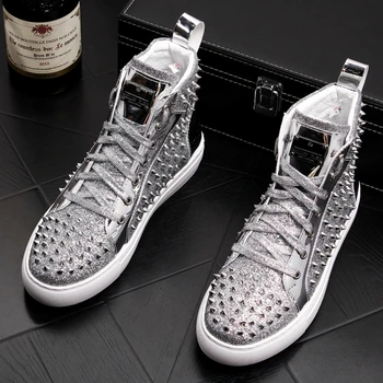 

italian design men fashion party nightclub wear shoe cow leather rivets shoes personality flat platform ankle boots zapatos male