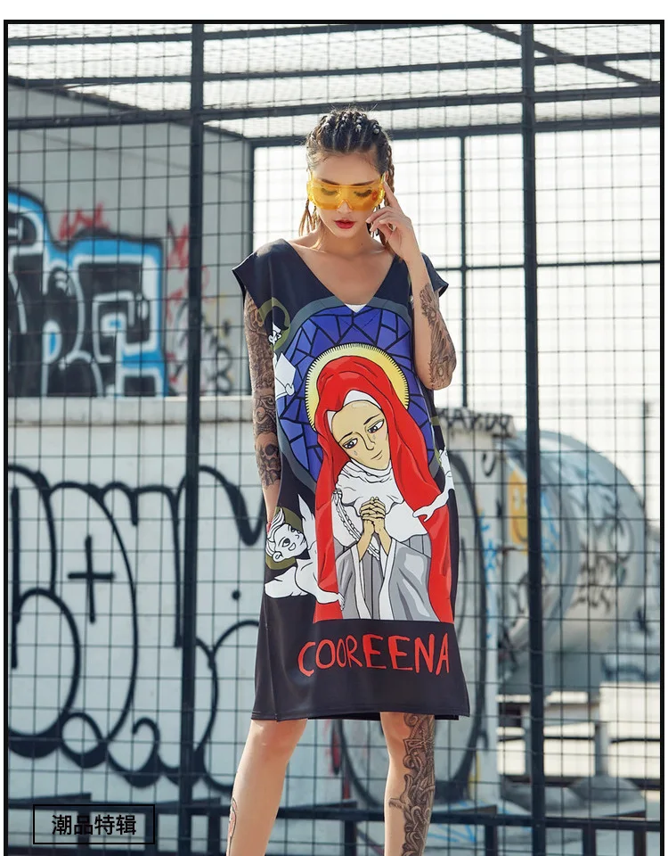 

2019 New Summer Women Dresses Sleeveless V Neck Funny Religious Art P Hip Hop Oversize T Shirts Dress Streetwear