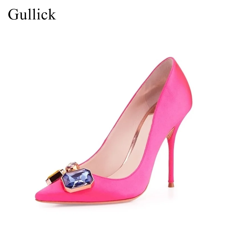 

2018 Spring Autumn Crystal Pointed Toe High Heel Pumps Pink Satin Thin Heels Women Dress Shoes Slip-on Women Bride Heel Shoes