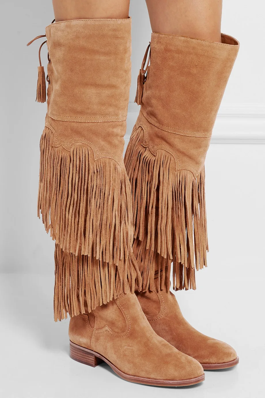 2017 Winter Brown Fringed Over the Knee Boots Fashion Back Lace-up Flat Tassel Boots Woman Riding Boots High Quality Boots