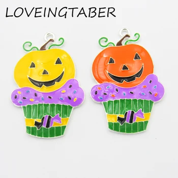 

( Choose Color First ) 45mm*32mm 10pcs/lot Silvery Color Cupcake with Pumpkin All Enamel Pendant For Halloween Jewelry Making