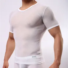 Сексуальная прозрачная рубашка майка Для мужчин футболки с кружевом одежда прозрачный нижнее белье Для мужчин короткий рукав клубный комбинезон с разрезом