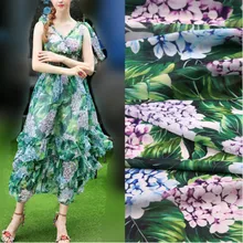 100X145 см Модная Неделя Гортензия зеленые листья цветы полиэстер блестящий шифон ткань для женщин девушки платья Sewing-AF212