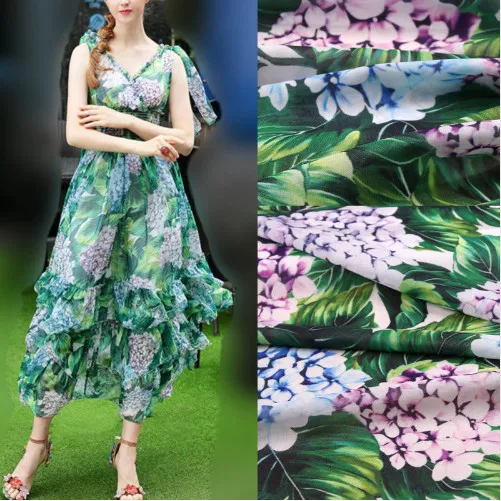 

100X145cm Fashion Week The Hydrangea Green Leaves Flowers Polyester Shiny Chiffon Fabric for Woman Girl Dresses Sewing-AF212
