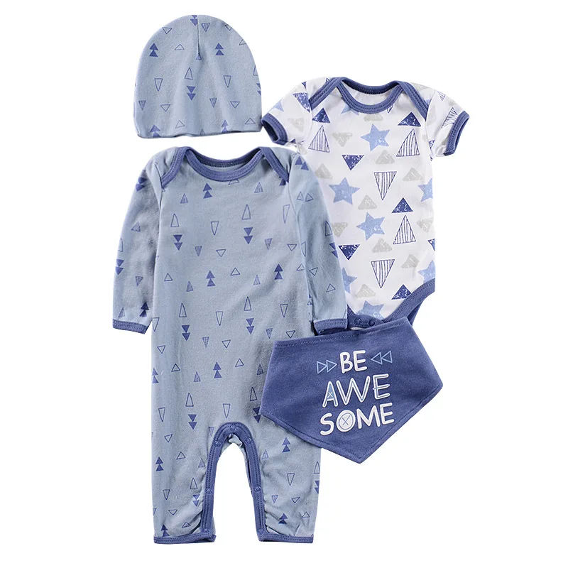 

Baby Romper 4 Piece Sets Geometric Pattern Printing Jumpsuit Newborn Infant Cotton Clothes Long sleeve Rompers+Romper+Cap+Bibs