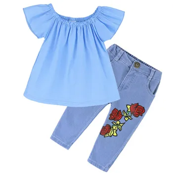 

Children Wear Summer Girl shoulderless shirt and rose printing pants 2pcs set outfits clothes girls ruffle outfits