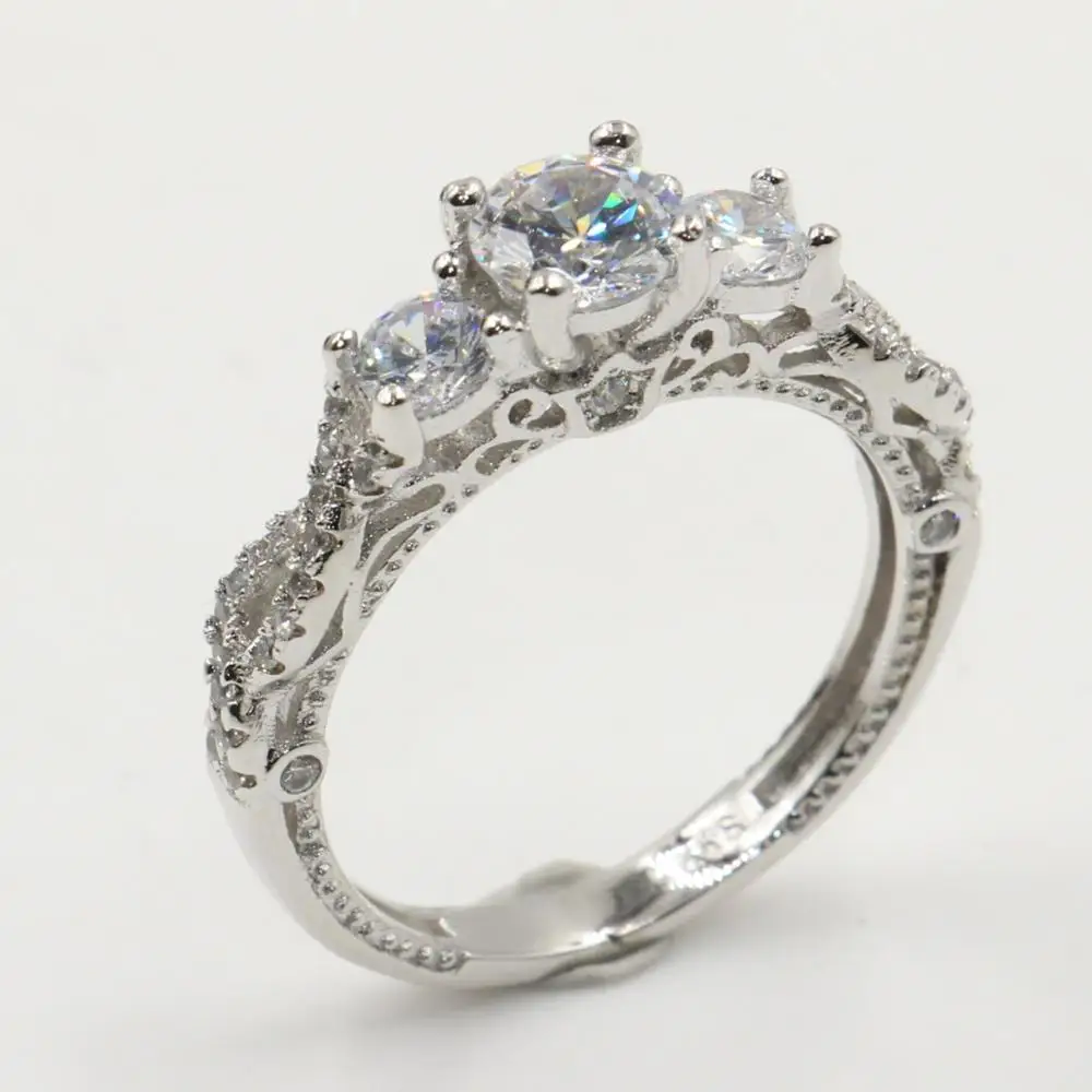 

Size 5-10 Hot Sale Luxury Jewelry 925 Sterling Silver Three Stone Round Cut White 5A Cubic Zirconia Smooth Wedding Bannd Ring