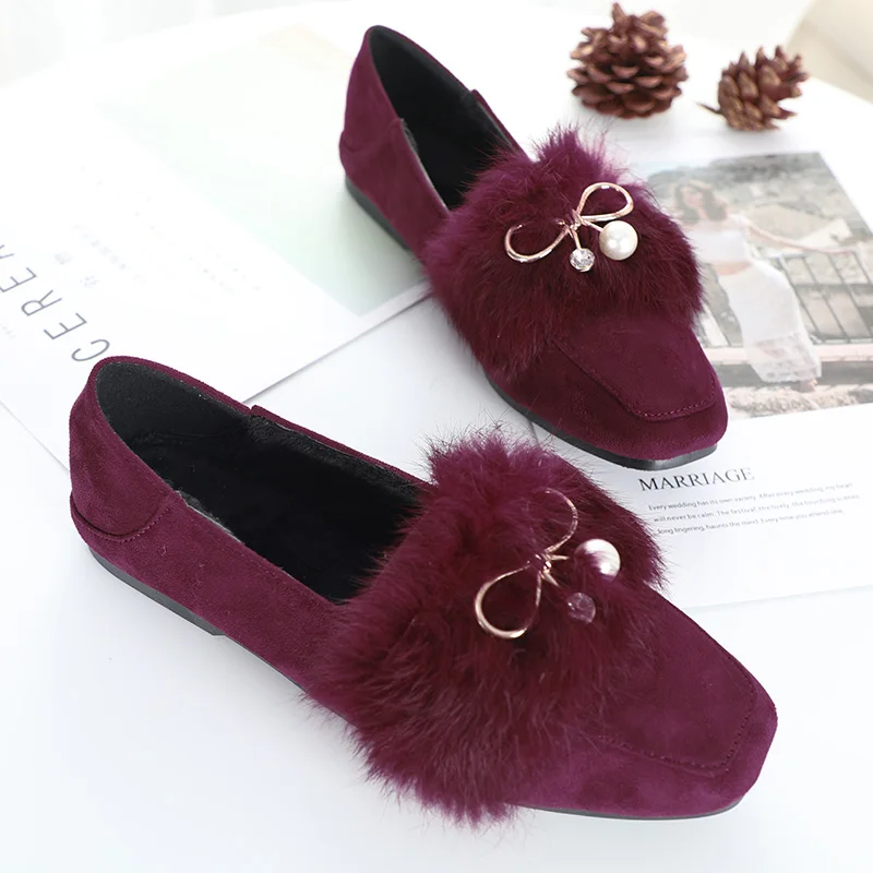 Chaussures Femmes Rose La Fourrure Hyoma De Taille Perle Noir Rouge Zapatos Nouvelle Mujer vin Appartements rose Femme coréen Plus Confortable Strass Noir TqrST76