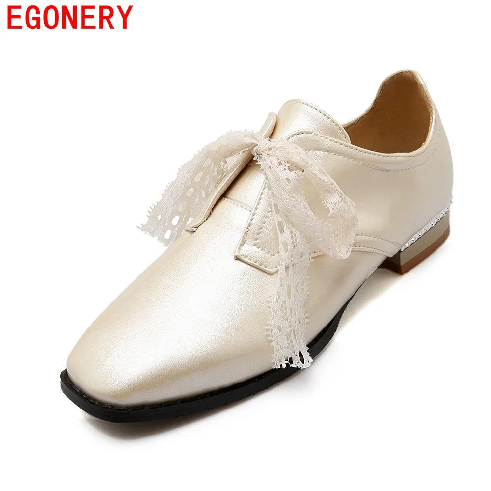 

EGONERY Beige Patent Leather Lace Up Ankle Womens Shoes Square Toe Casual Low Heels Spring New Lady Pumps