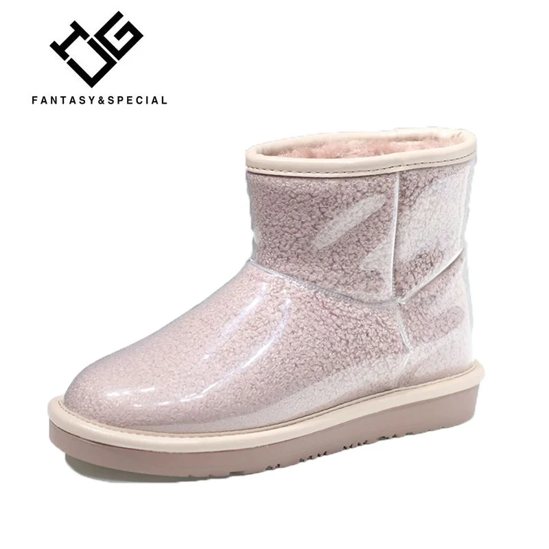 

IGU Women Snow Boots Wool Pink Ankle Flats Boots Warm Winter Boots For Woman Jelly Shoes Fur Platform Botas Femininas De Inverno