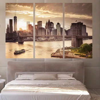 

3 Panels Canvas Art Sunset Cityscape Manhattan Home Decor Wall Art Painting Canvas Print Picture for Living Room Poster