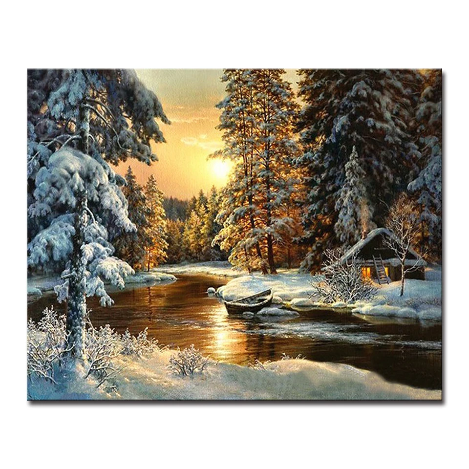 

DIY Painting By Numbers Wall Art Hand Paint Tree Forest Oil Pictures Coloring Village Snow Waterfall Canvas Bedroom Home Decor