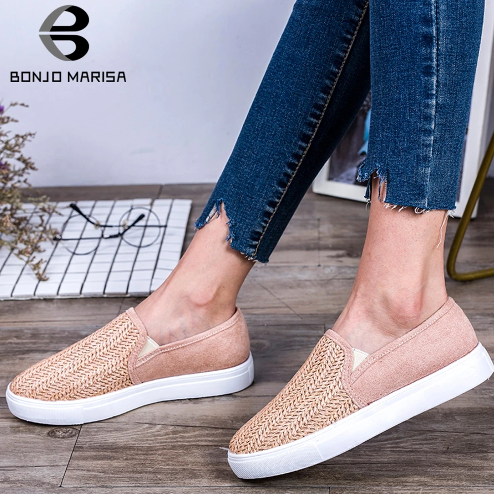 

BONJOMARISA women's Loafers Shoes Woman Weave Flock Comfortable Flats Shoes For Women Leisure Shoes Woman Size 35-43
