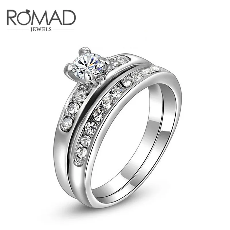 

ROXI ROMAD Brand White Gold Color Rings For Women Genuine Austrian Crystal Double Ring Set Wedding Party Engagement Jewelry Gift