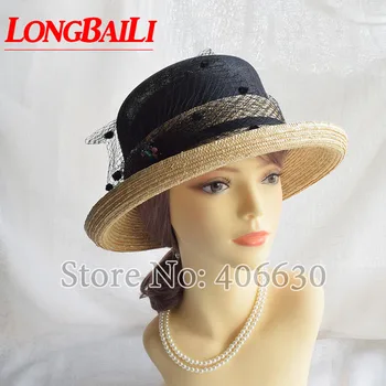 

LongBaiLi Summer Elegant Sinamay and Wheat Straw Patchwork Sun Hat For Women Bucket Caps Free Shipping SWDS055