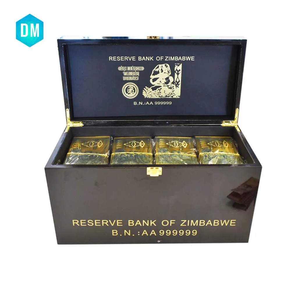 

Wholesale Zimbabwe One Hundred Trillion Dollar Gold Banknote 1000pcs 24k Bill with High Grade Wooden Box Feeshipping By Fedex