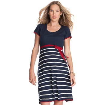 

Summer Short Sleeve O-neck Loose Striped Maternity Dress Pregnancy Vestidos for Pregnant Women Lycra Blue Casual Mommy Dresses