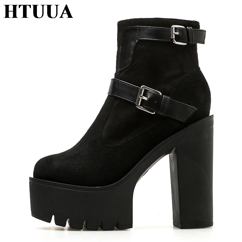 

HTUUA New Autumn Buckles Platform Boots Thick High Heels Ankle Boots For Women Shoes Punk Gothic Style Short Martin Boots SX1510