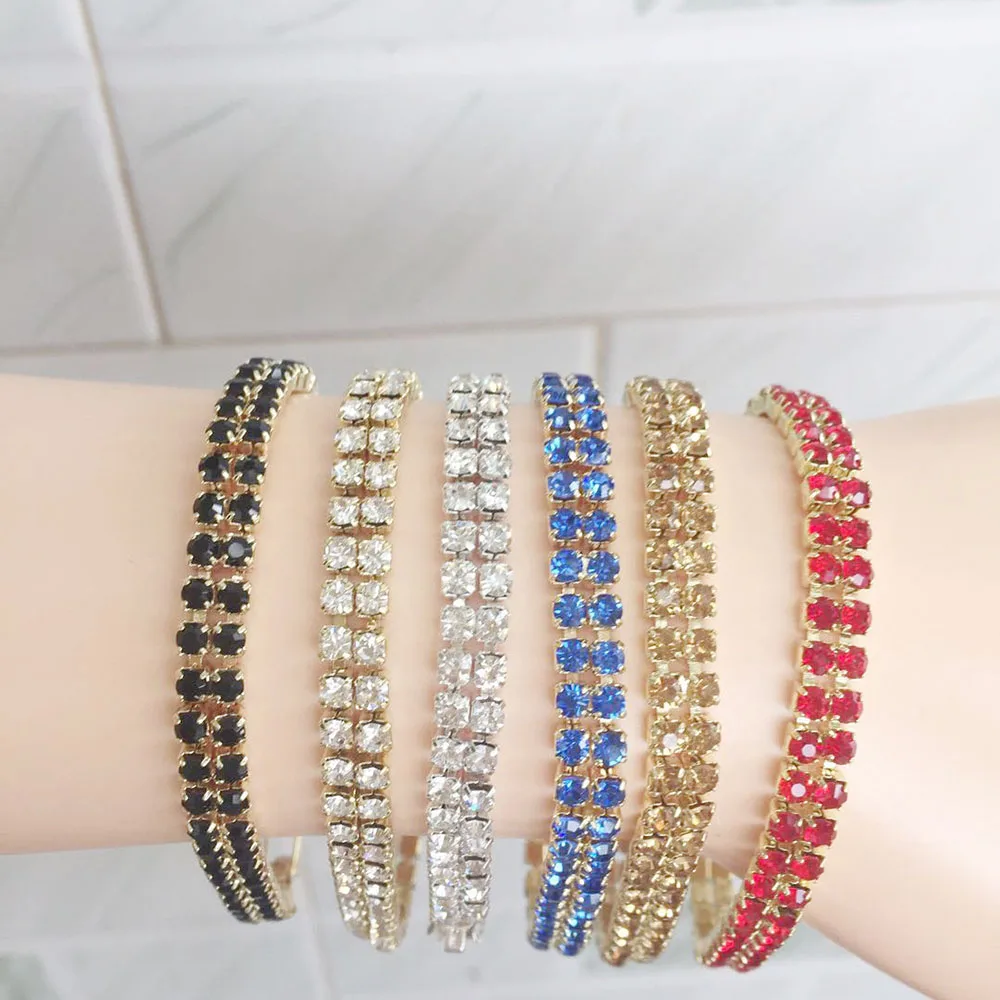 

Colors Rhinestone Cubic Zirconia Women Bracelet Gold Silver Color Prong Setting Double Row Drill Bling Fashion Jewelry Red MZ001
