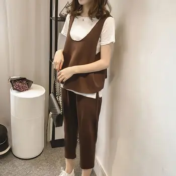 

Women's festival clothing 2 piece set women Fashion Casual Solid T-Shirt + Tank Top + Loose Calf-Length Pants