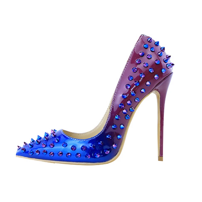 

Hanbaidi Luxury Women Designer Shoes High Quality Brand Spikes 120mm Blue Degrade Patent High Heels Pumps Evening Dress Shoes