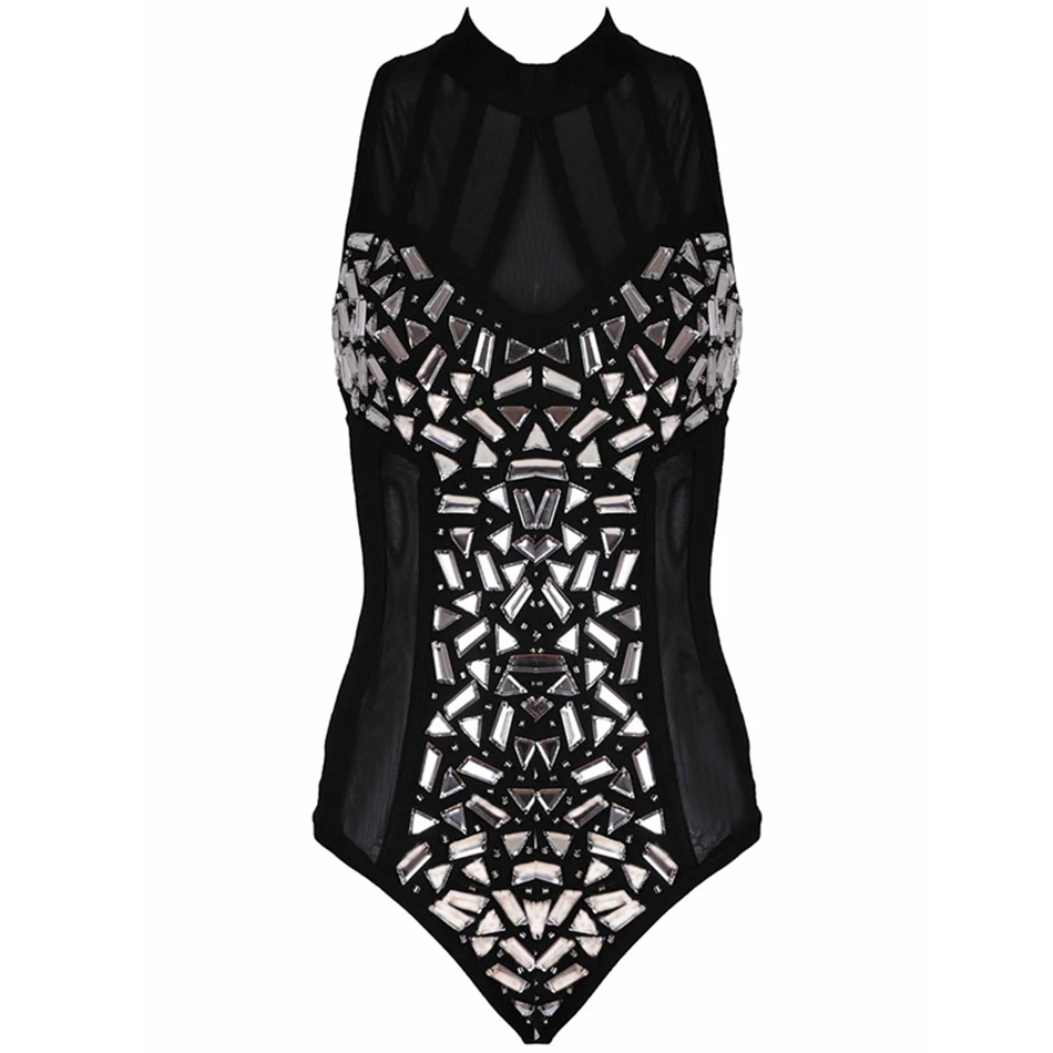 2017 New summer women bodysuit mesh Diamond bandage jumpsuit bodycon