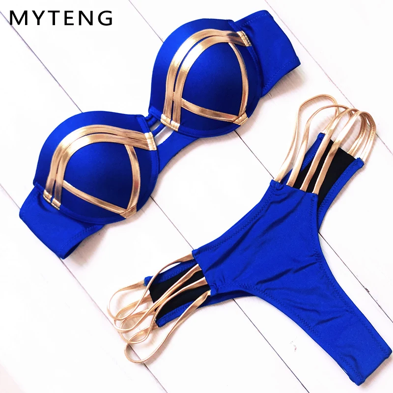 

MYTENG Gold Silver string Bikini Set Sexy Padded Women Swimsuit 2019 Push Up Beachwear Bandeau Bathing Suit thong bikini