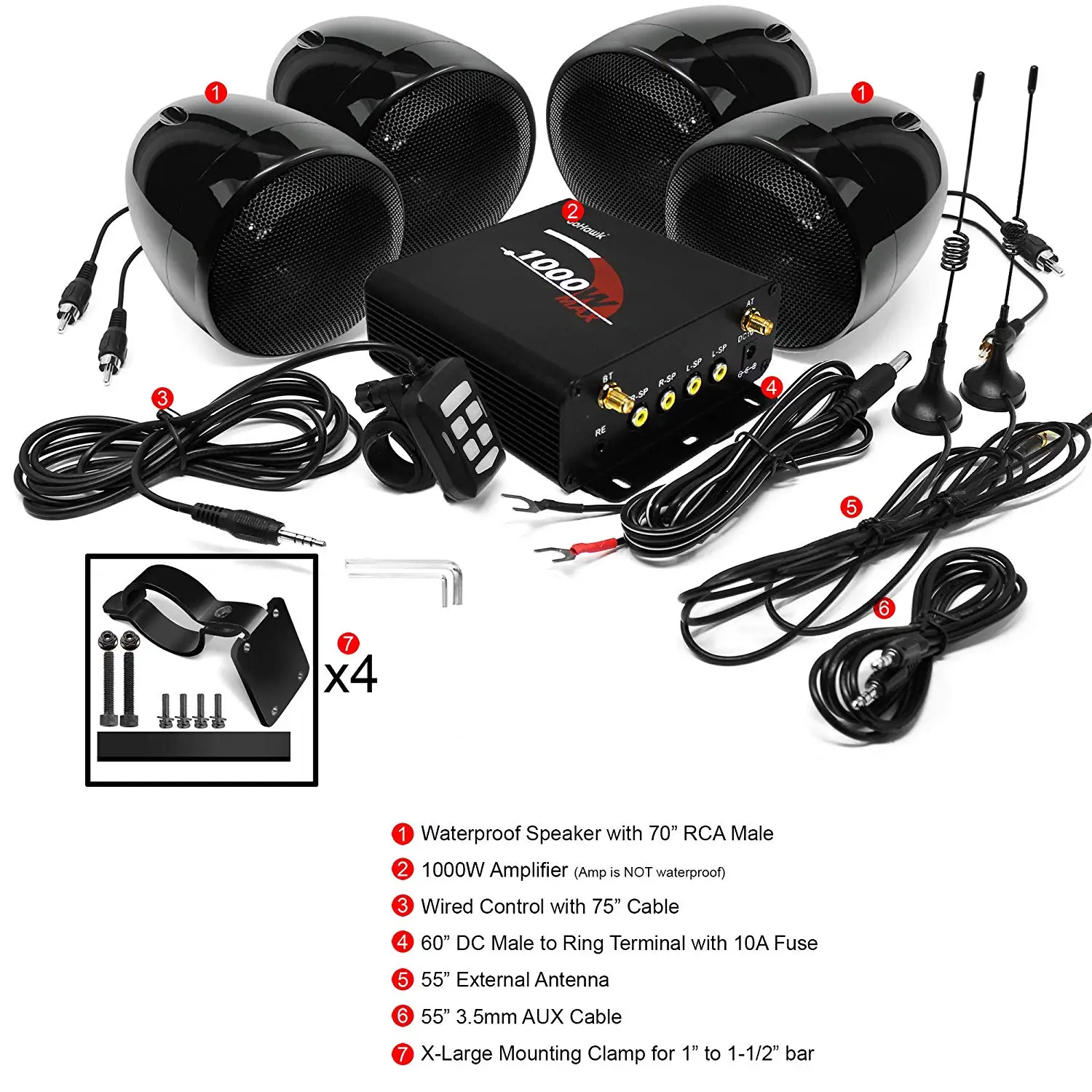 Aileap 1000w Motorcycle Audio 4ch 